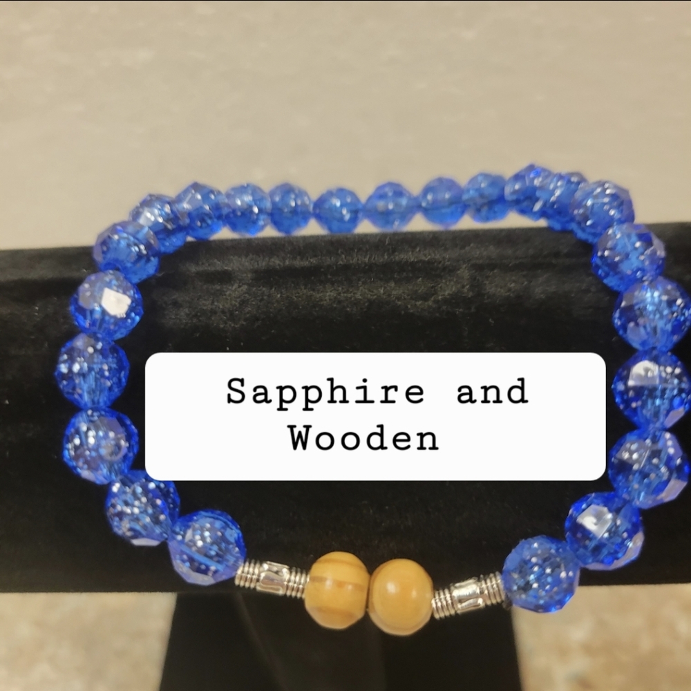Hand Crafted Wooden and Dark Blue Saffire Beaded Stretch Bracelet